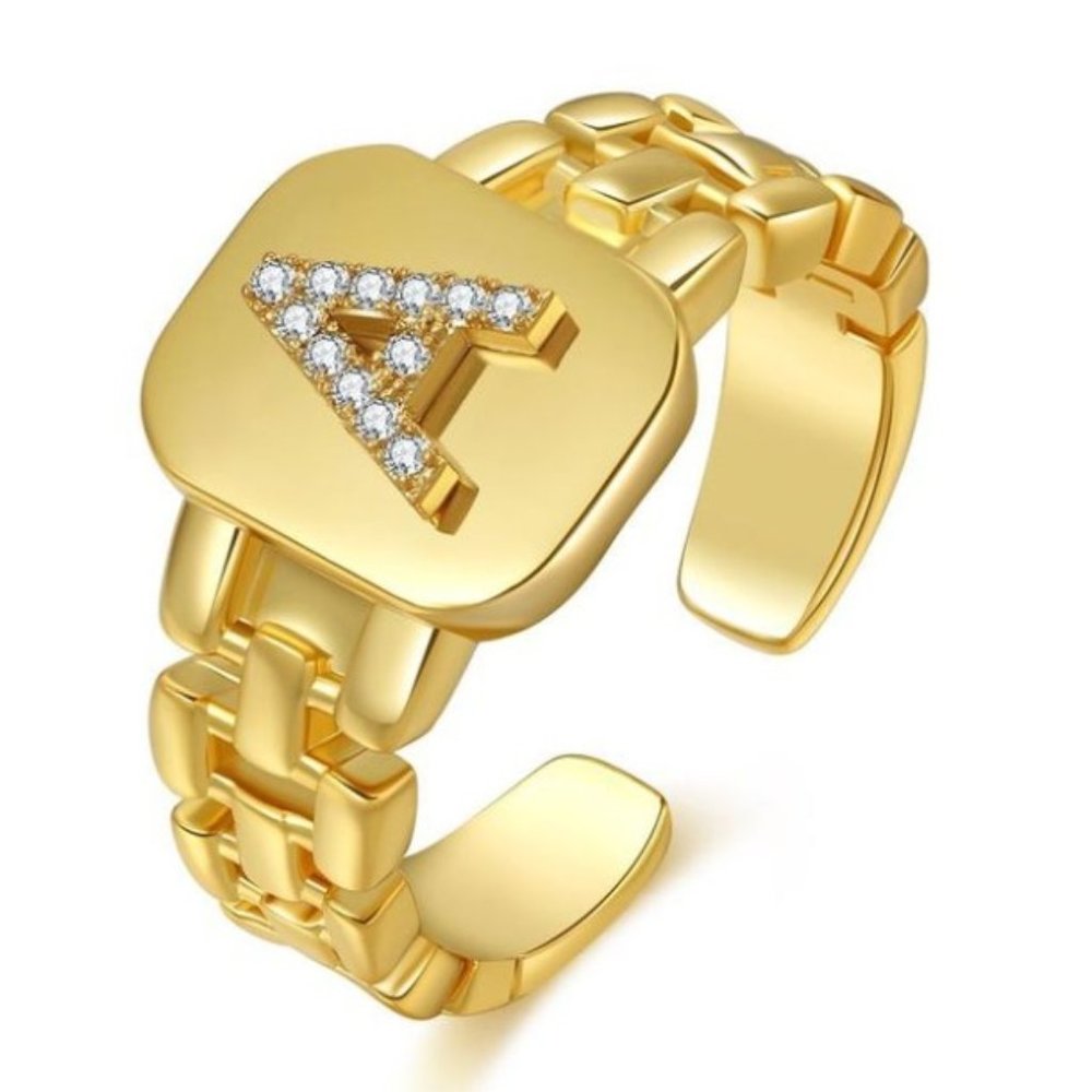 Letter A 18K Gold Plated Watchband Zircon Adjustable Ring - Picture 3 of 5